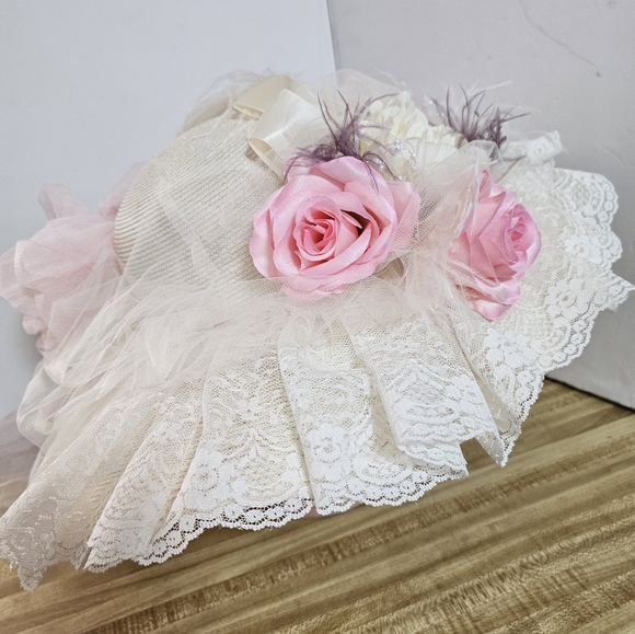 Recollections Victorian Hat Pink Rose Lace Wide Brim Feather Kentucky Derby - Picture 2 of 12